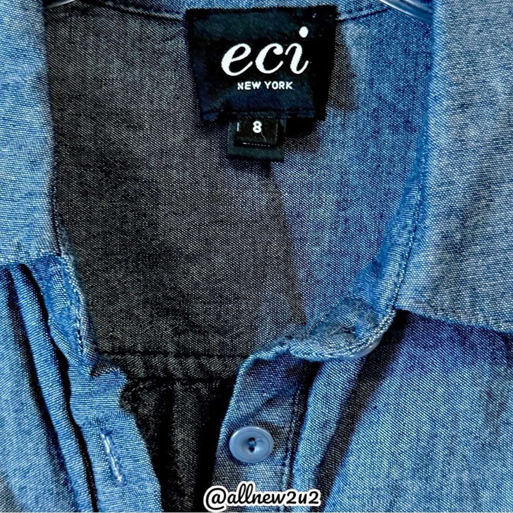 ECI Lace Trim Denim Shirtdress Chambray Buttoned Polo Collar - Picture 15 of 16